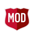 A red shield with the word mod on it.